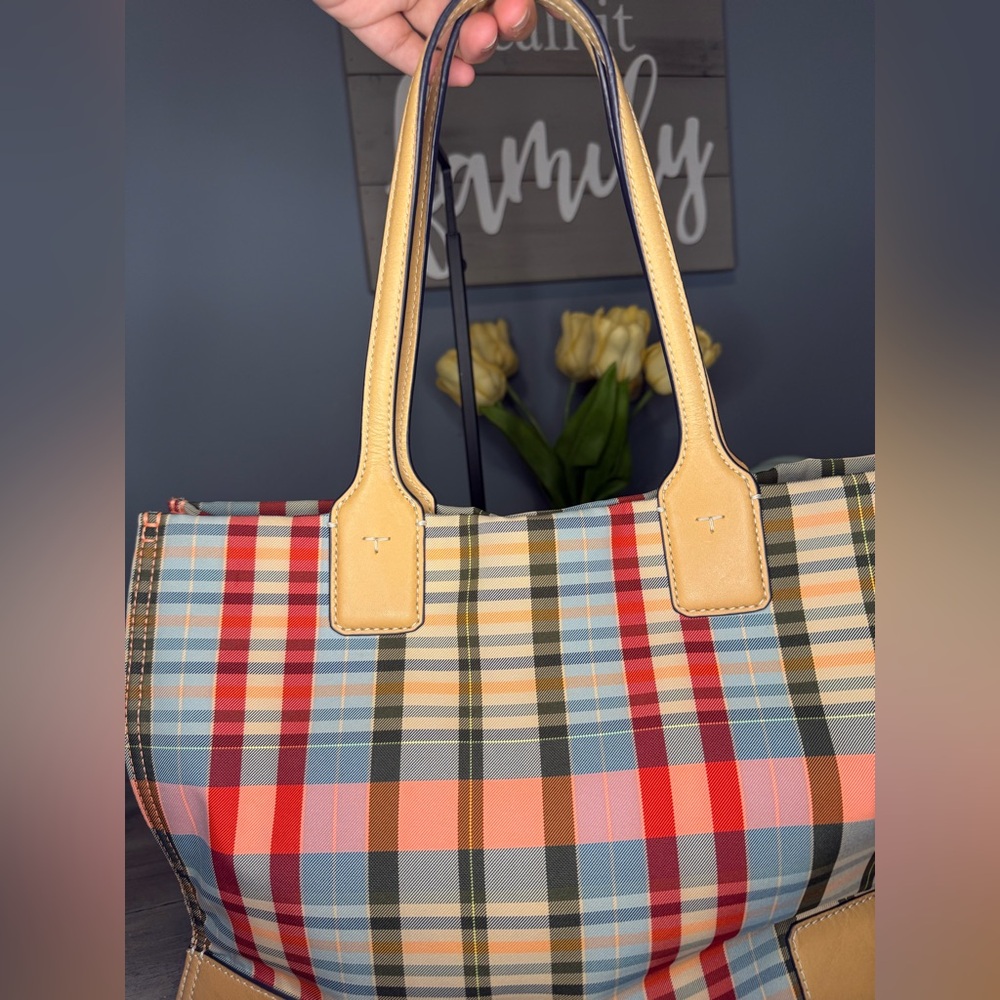 Tory Burch Plaid Tote Bag in Multicolor with Tan Leather Trim - Picture 12 of 16
